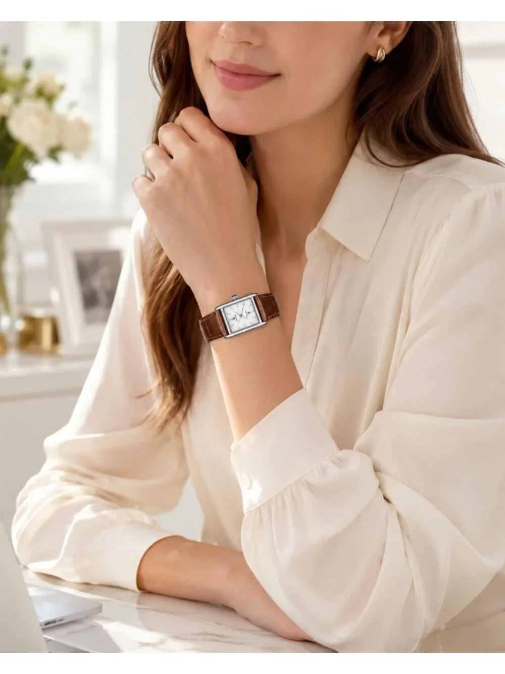 Women's Silver Case Brown Rectangle Vintage Leather Strap  Quartz Movement Watch